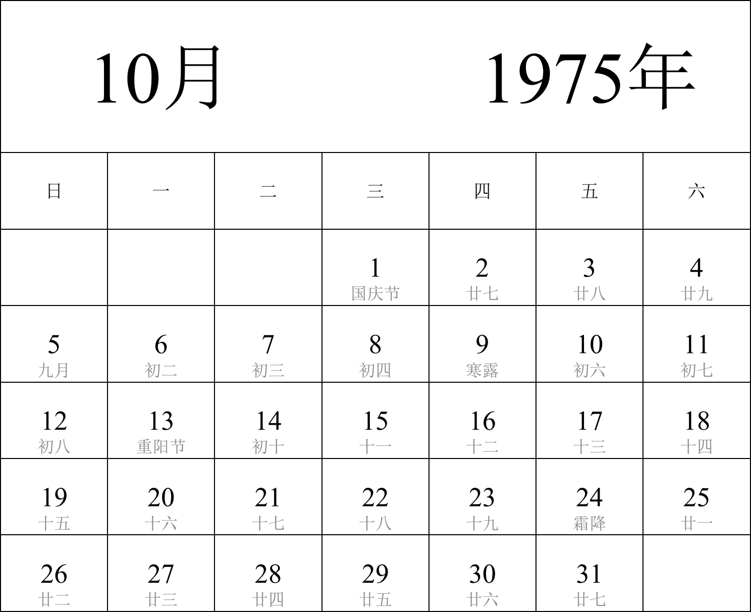 日历表1975年日历 中文版 纵向排版 周日开始 带农历 带节假日调休安排